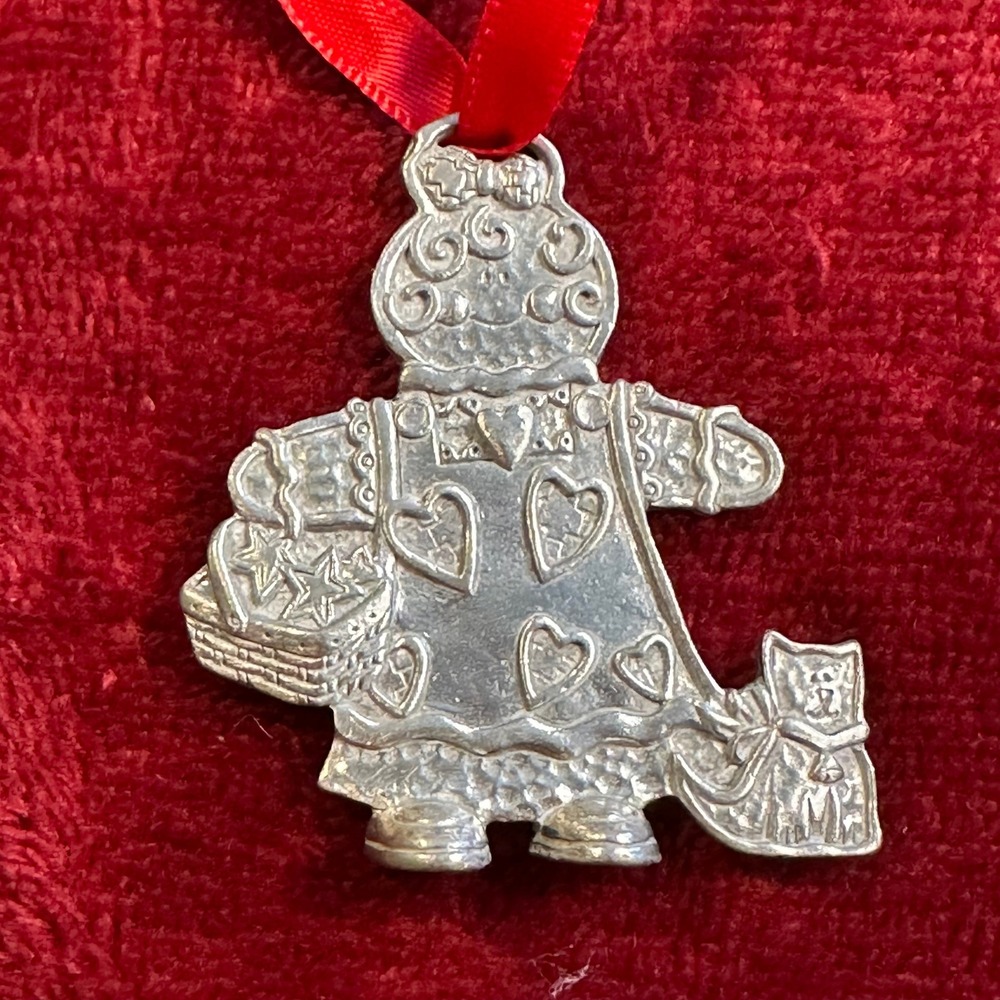Vintage Silver Tone Gingerbread Girl Christmas Ornament‎ with Cat and Basket 2"